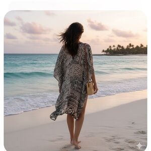 Pineda Covalin 100% Silk Kaftan Poncho – One Size – Folk Art Print – Mexico Luxe